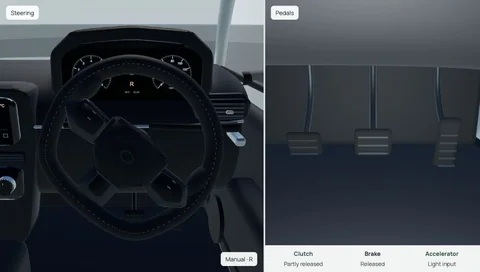 The steering wheel and labelled pedals in Layna’s inside-car view