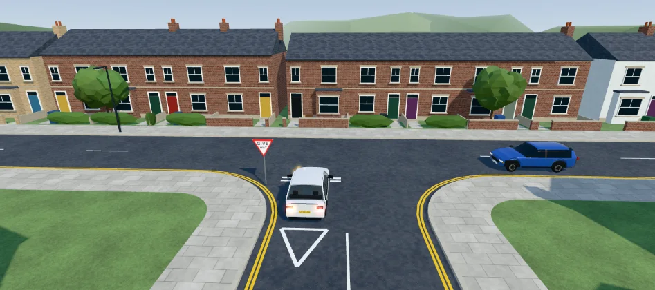 Layna’s 3D Give Way lesson: the white learner car waits at a T-junction, indicating left, as a blue car approaches from its right.
