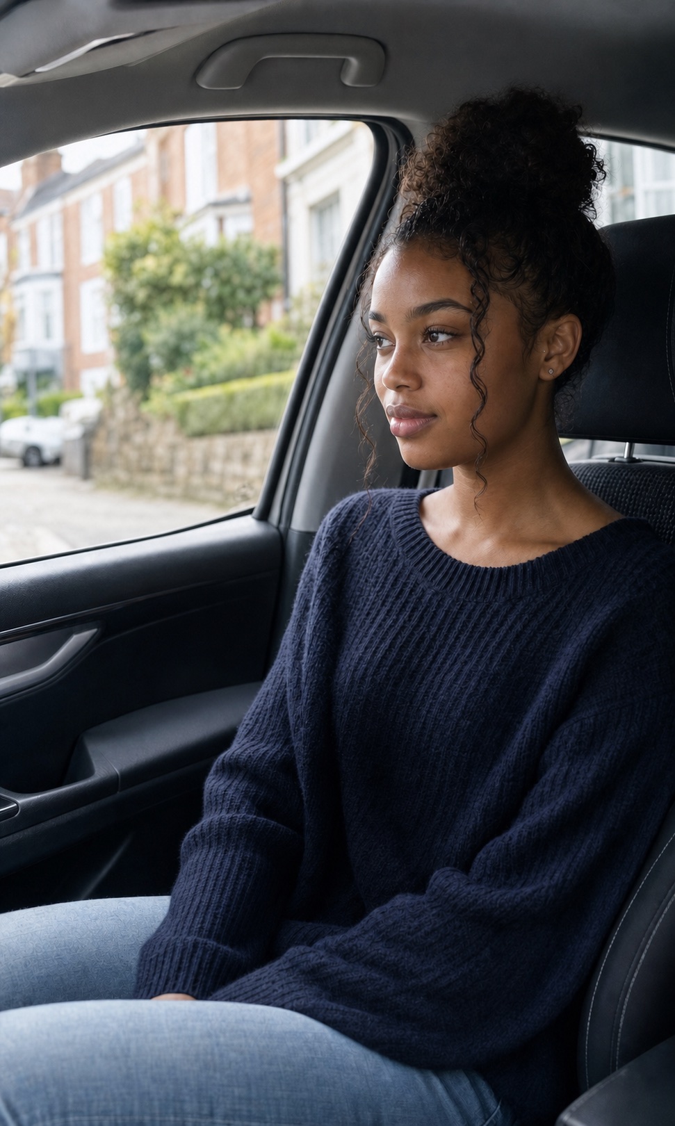 A learner driver sitting calmly in a parked car before a lesson
