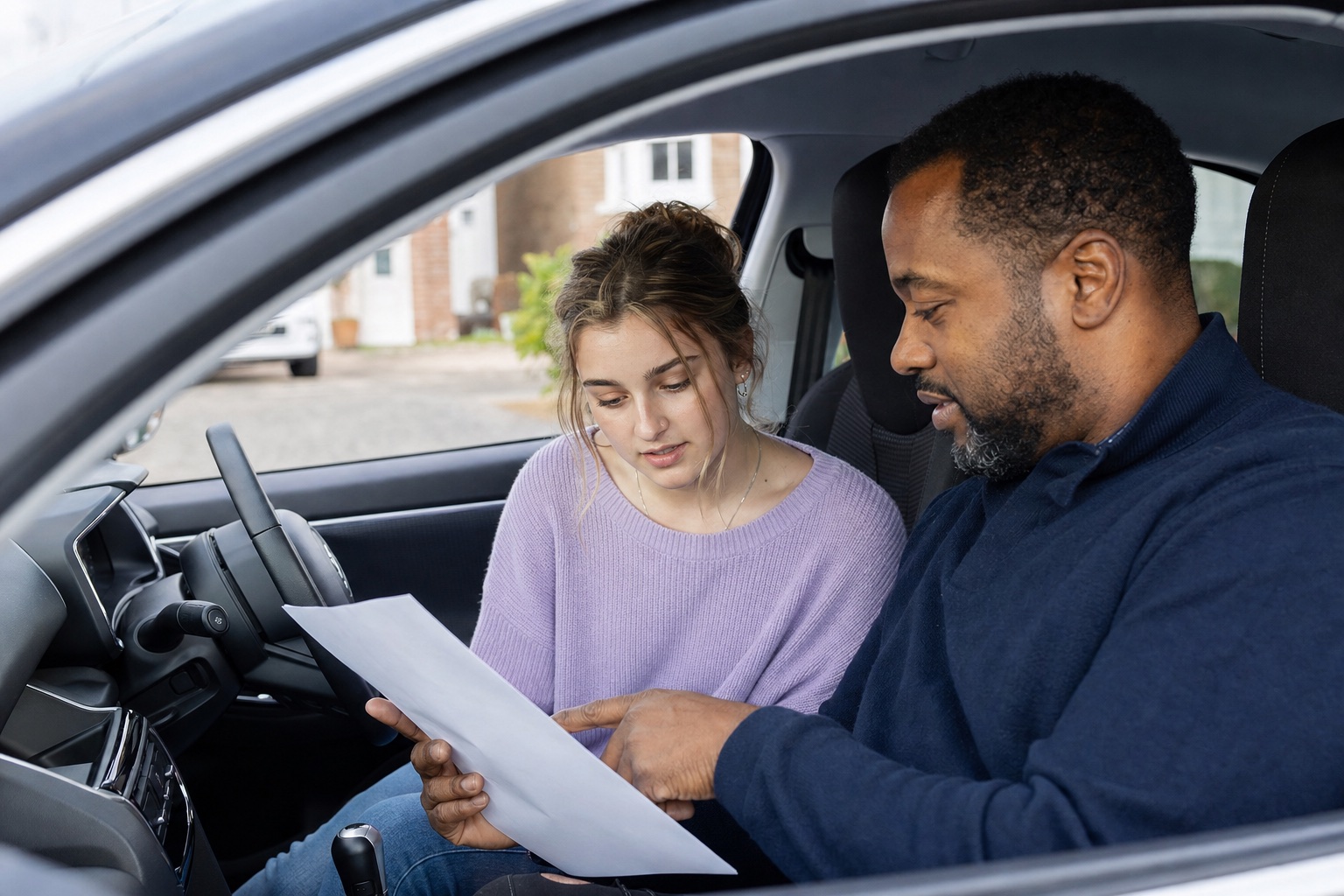 A learner and driving instructor reviewing a lesson plan in a parked car
