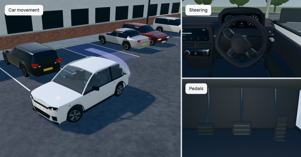 The actual Layna parking demonstration, with a car view alongside the steering wheel and pedals